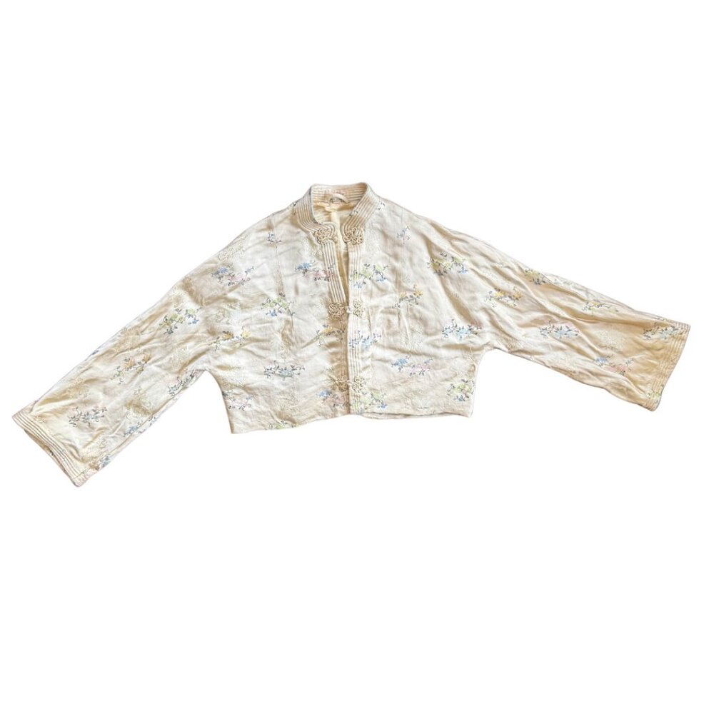 Dynasty Hong Kong 1960s Ivory Silk Embroidered Cropped Jacket Vintage XS S